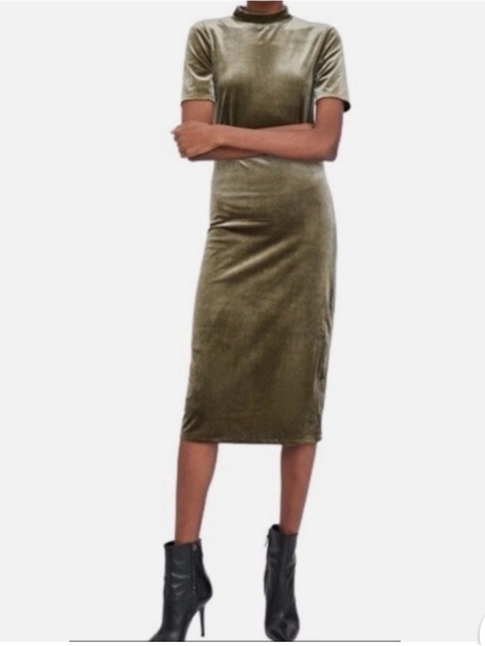 Zara Trafaluc Olive Velvet Mock Neck Midi Dress Size S Soft Stretch Bodycon